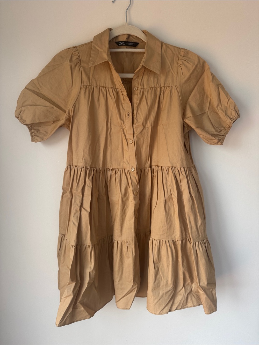Zara Beige Tiered Button-Front Short-Sleeve Dress